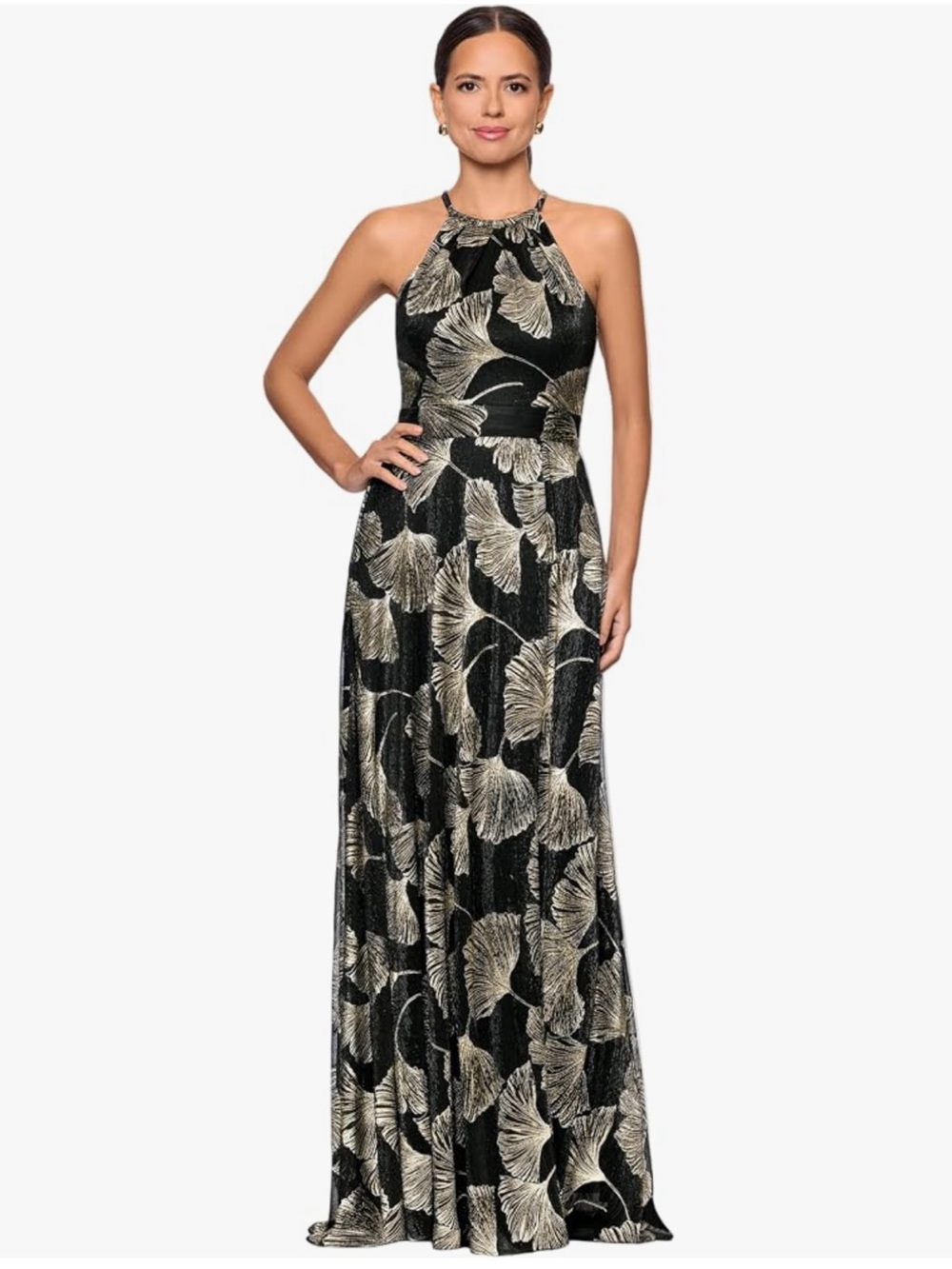 Betsy & Adam Women's Metallic Halter Neck Printed A-Line Floor Length Dress
